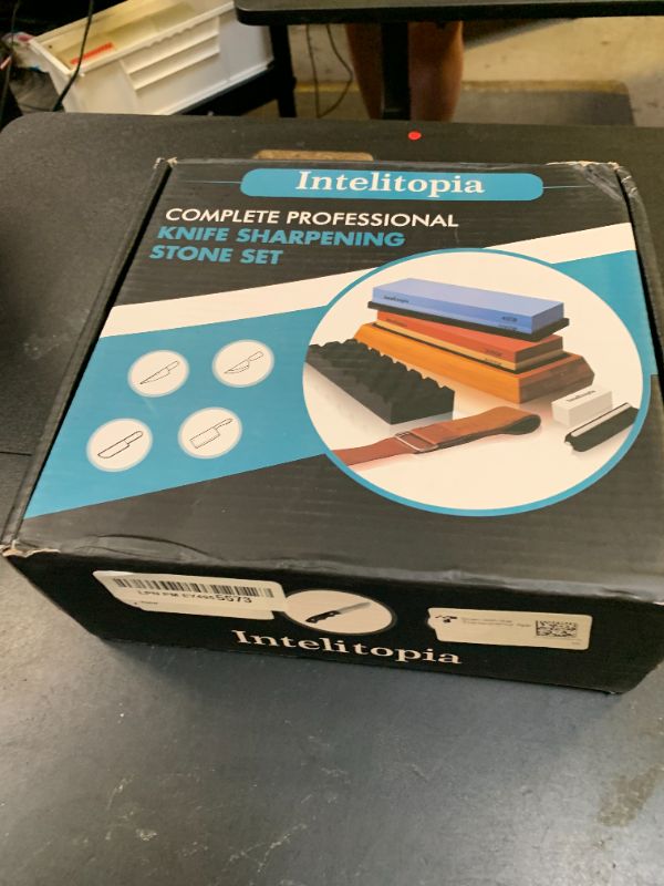 Photo 1 of Intelitopia Complete Knife Sharpening Stone Set – Dual Grit Whetstone 400/1000 3000/8000 Knife Sharpener with Leather Strop, Flattening Stone, Bamboo Base, 3 Non-slip Rubber Bases & Angle Guide