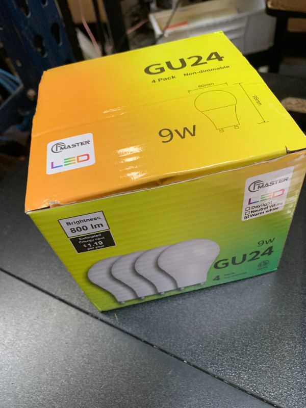 Photo 1 of CFMASTER GU24 LED Light Bulb, 3000K Warm White, 9W(100W Equivalent), 800 Lumens, A19 Shape GU24 LED Bulbs, Twist and Lock GU24 Pin Base with Two Prongs, Non-Dimmable, UL ETL Certificated(4-Pack)