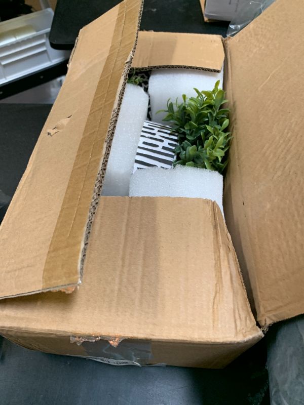 Photo 1 of Winlyn 3-Pack Artificial Potted Plants - Faux Eucalyptus, Rosemary, Boxwood Greenery in Small Black & White Geometric Concrete Pots -Desk, Table, Shelf, Windowsill Decor for Indoor Outdoor Home Office
