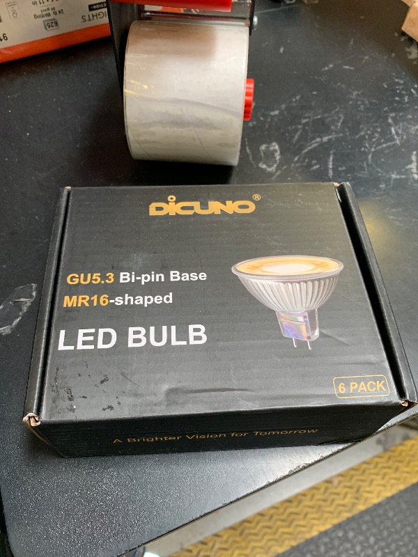 Photo 1 of DiCUNO MR16 LED Bulb Dimmable, 60W Equivalent, 2700K Warm White, GU5.3 Base Bulb 6W, 40 Degree Beam Angle, 600LM, 12V AC/DC, Halogen Replacement for Landscape Light, Spotlight Lighting, 6 Pack