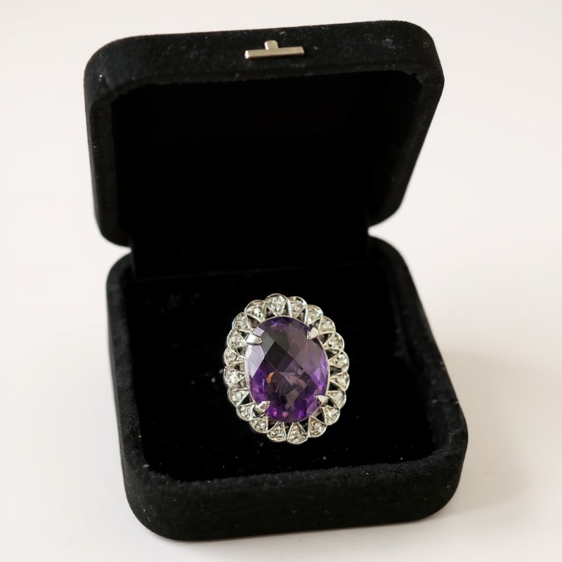 Photo 1 of 10k WHITE GOLD W 10CT AMETHYST & .15CT DIAMOND RING 6G (SIZE 7)  #15 $3500