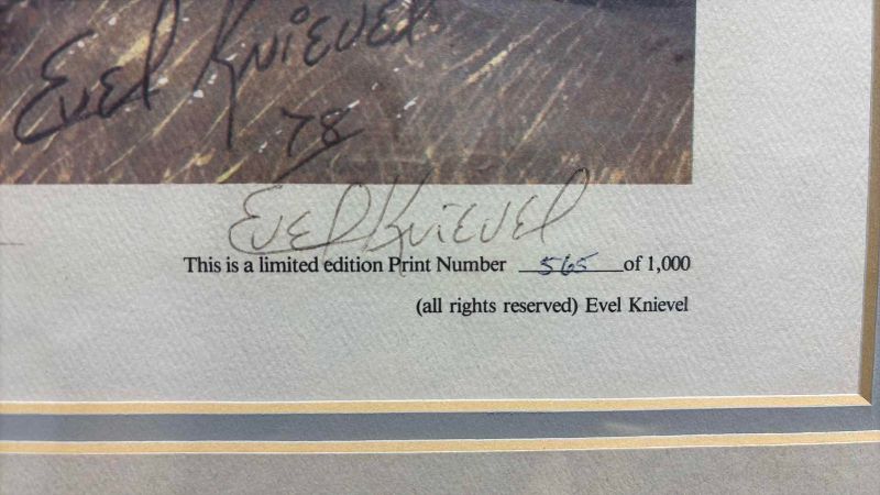 Photo 1 of WOOD FRAMED SIGNED NUMBERED ART PRINT EVIL KNIEVEL “BEWARE” 1978 565/1000  29.5” X 24” X 1”