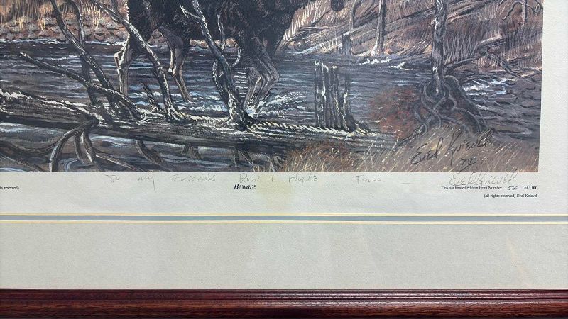 Photo 1 of WOOD FRAMED SIGNED NUMBERED ART PRINT EVIL KNIEVEL “BEWARE” 1978 565/1000  29.5” X 24” X 1”