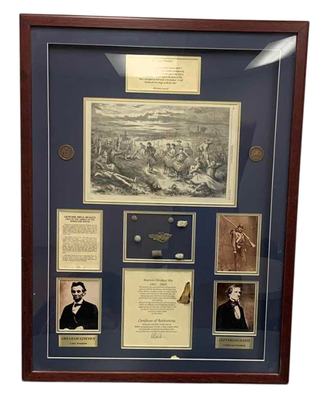Photo 1 of UNITED STATES CIVIL WAR HISTORY ARTWORK WITH GENUINE BULLETS 28” X 37”