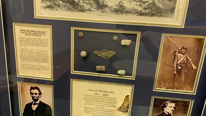 Photo 1 of UNITED STATES CIVIL WAR HISTORY ARTWORK WITH GENUINE BULLETS 28” X 37”