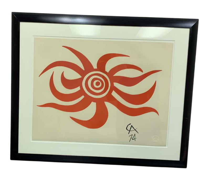 Photo 1 of VINTAGE ALEXANDER CALDER 1974 “SUNBURST” SIGNED COLOR LITHOGRAPH "FLYING COLORS COLLECTION" EMBOSSED DRY STAMP 34” X 29”