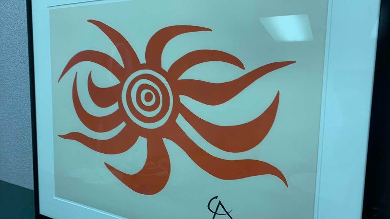 Photo 1 of VINTAGE ALEXANDER CALDER 1974 “SUNBURST” SIGNED COLOR LITHOGRAPH "FLYING COLORS COLLECTION" EMBOSSED DRY STAMP 34” X 29”