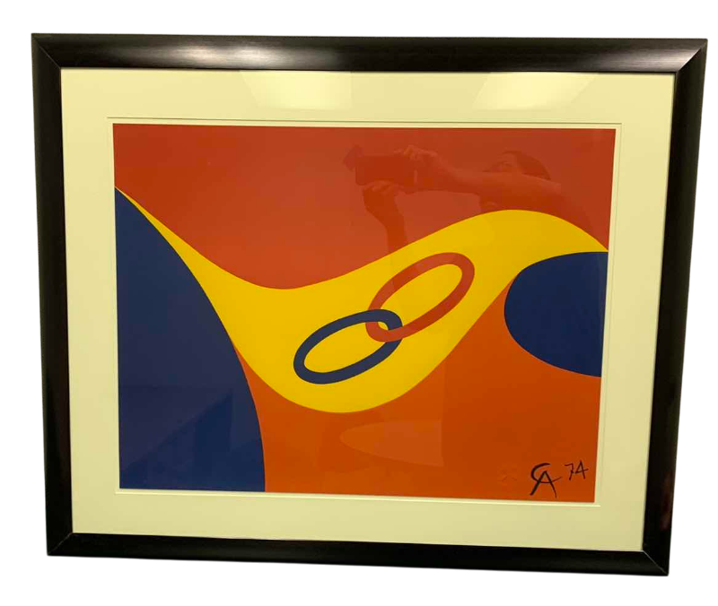 Photo 1 of VINTAGE ALEXANDER CALDER 1974 “FRIENDSHIP” SIGNED COLOR LITHOGRAPH "FLYING COLORS COLLECTION" EMBOSSED DRY STAMP 34” X 29”