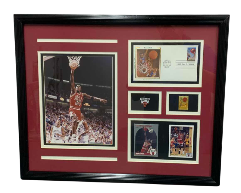 Photo 1 of NBA BASKETBALL CHICAGO BULLS MICHAEL JORDAN MEMORABILIA ARTWORK 21” X 18”