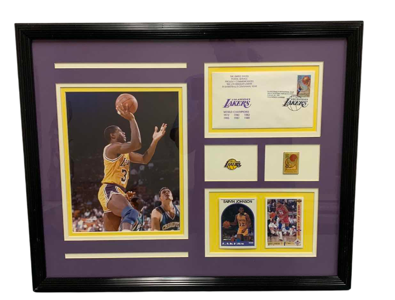 Photo 1 of NBA BASKETBALL LOS ANGELES LAKERS MAGIC JOHNSON MEMORABILIA ARTWORK 21” X 18”