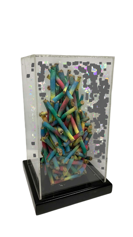 Photo 1 of MULTI-COLOR ABSTRACT ARTWORK IN PLEXIGLAS CASE 11” X 11” H 19”