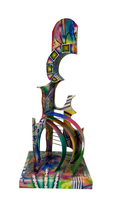 Photo 1 of PATRICK LEE SIGNED MULTI-COLORED PAINTED ABSTRACT WOODEN ART PIECE  16” X 16” H 37”
