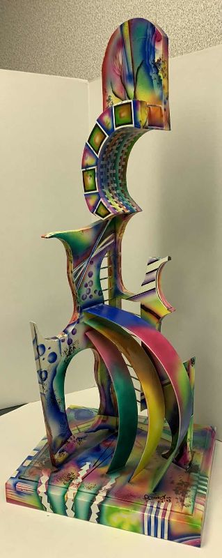 Photo 1 of PATRICK LEE SIGNED MULTI-COLORED PAINTED ABSTRACT WOODEN ART PIECE  16” X 16” H 37”