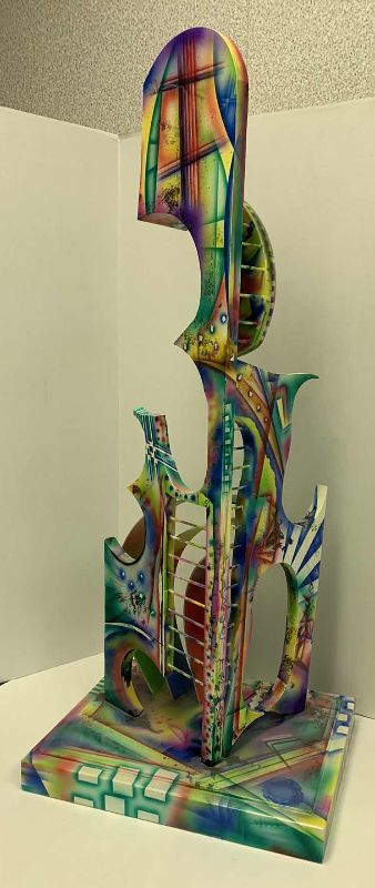Photo 1 of PATRICK LEE SIGNED MULTI-COLORED PAINTED ABSTRACT WOODEN ART PIECE  16” X 16” H 37”