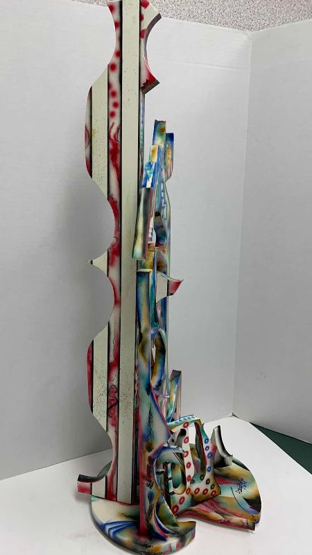 Photo 1 of PATRICK LEE SIGNED MULTI-COLORED PAINTED ABSTRACT WOODEN ART PIECE  10” X 13” H 35”