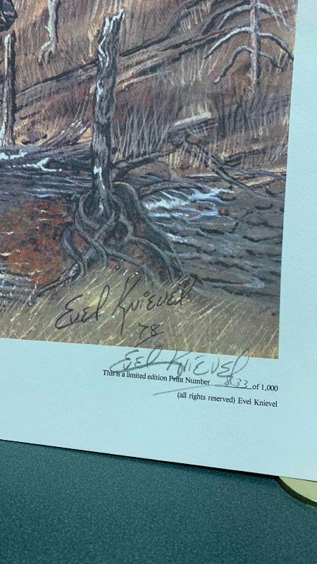Photo 1 of 12-VINTAGE EVEL KNIEVEL SIGNED AND NUMBERED PRINTS “BEWARE” 23” X 17.5”