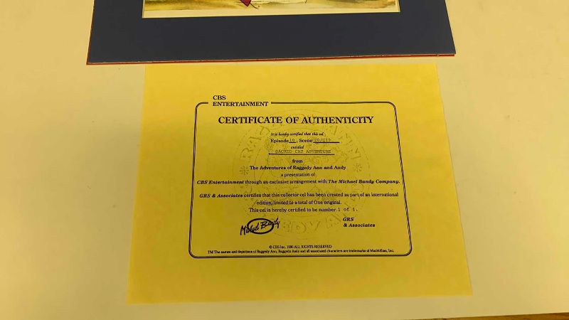 Photo 1 of VINTAGE COLLECTOR CELL WITH COA FROM THE ADVENTURES OF RAGGEDY ANN AND ANDY “SACRED CAT ADVENTURE” 14” X 11”