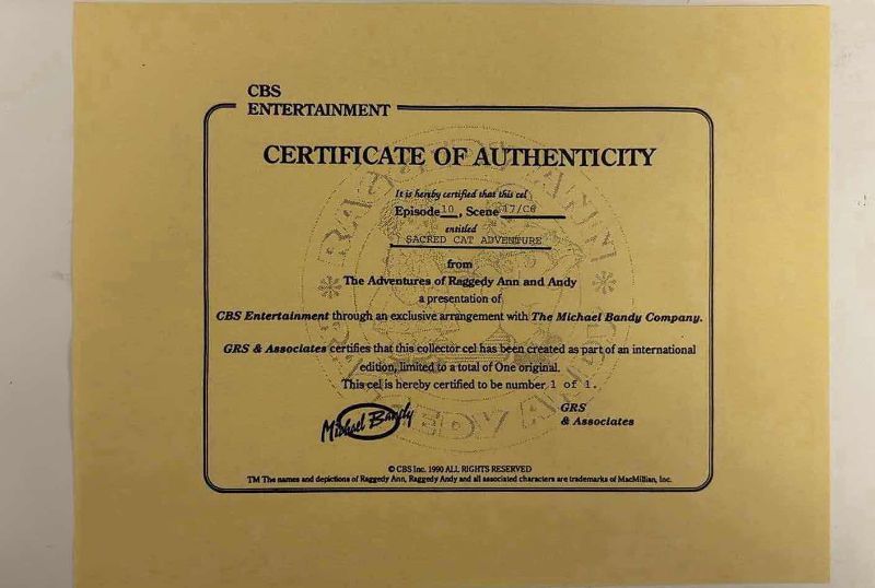 Photo 1 of VINTAGE COLLECTOR CELL WITH COA FROM THE ADVENTURES OF RAGGEDY ANN AND ANDY “SACRED CAT ADVENTURE” 14”X11”