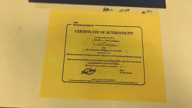 Photo 1 of VINTAGE COLLECTOR CELL WITH COA FROM THE ADVENTURES OF RAGGEDY ANN AND ANDY “PIRATE ADVENTURE” 14” X 11”