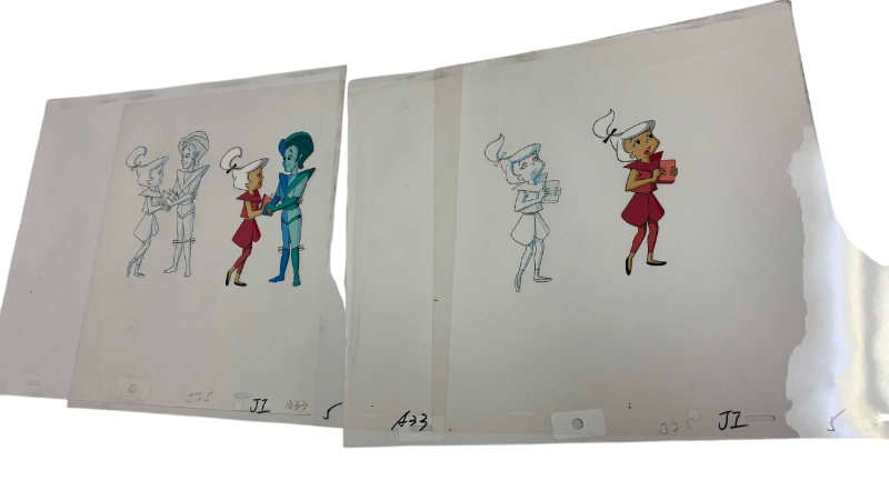 Photo 1 of 2-VINTAGE HANNA BARBERA HAND PAINTED ANIMATION CELS WITH JUDY JETSON AND APOLLO BLUE 8” X 10”