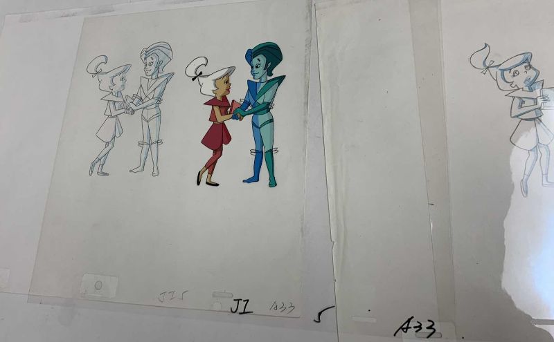 Photo 1 of 2-VINTAGE HANNA BARBERA HAND PAINTED ANIMATION CELS WITH JUDY JETSON AND APOLLO BLUE 8” X 10”