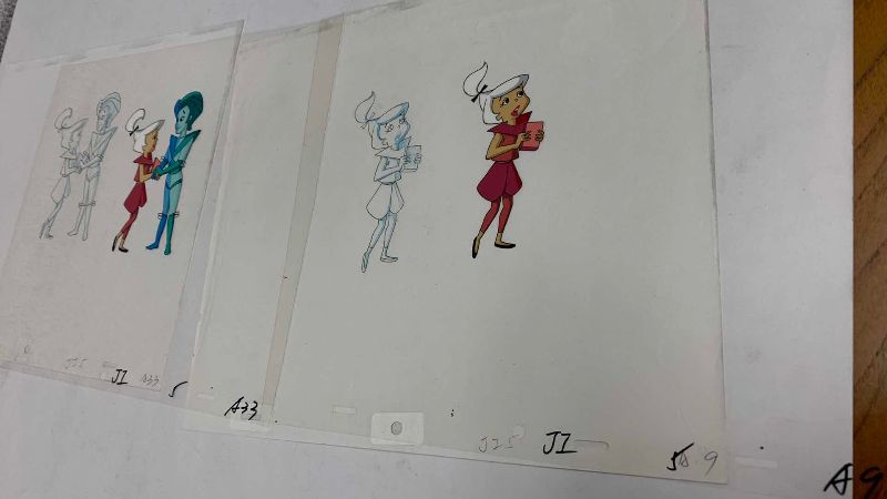 Photo 1 of 2-VINTAGE HANNA BARBERA HAND PAINTED ANIMATION CELS WITH JUDY JETSON AND APOLLO BLUE 8” X 10”