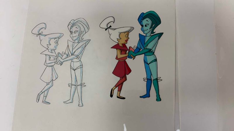 Photo 1 of 2-VINTAGE HANNA BARBERA HAND PAINTED ANIMATION CELS WITH JUDY JETSON AND APOLLO BLUE 8” X 10”