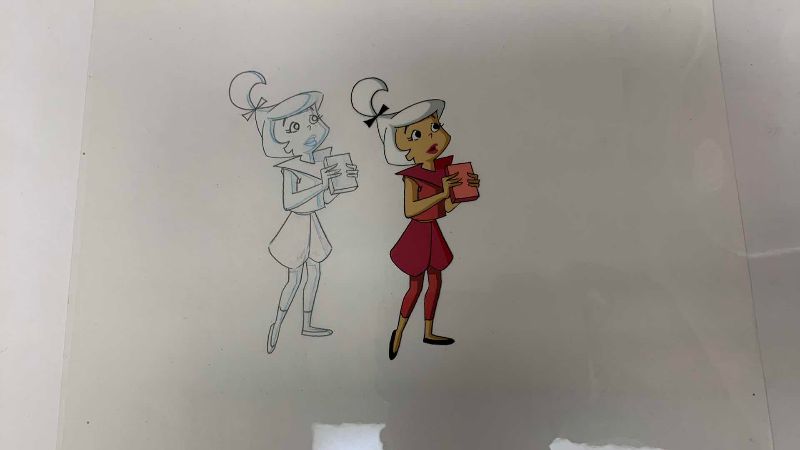 Photo 1 of 2-VINTAGE HANNA BARBERA HAND PAINTED ANIMATION CELS WITH JUDY JETSON AND APOLLO BLUE 8” X 10”