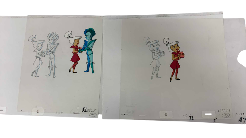 Photo 1 of 2-VINTAGE HANNA BARBERA HAND PAINTED ANIMATION CELS WITH JUDY JETSON AND APOLLO BLUE 8” X 10”