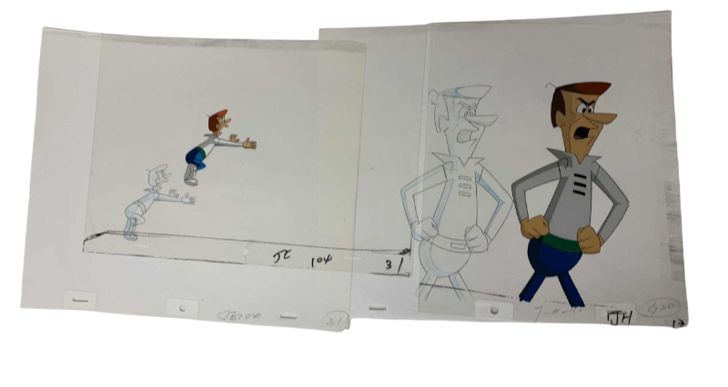 Photo 1 of 2-VINTAGE HANNA BARBERA HAND PAINTED ANIMATION CELS WITH GEORGE JETSON AND 8” X 10”