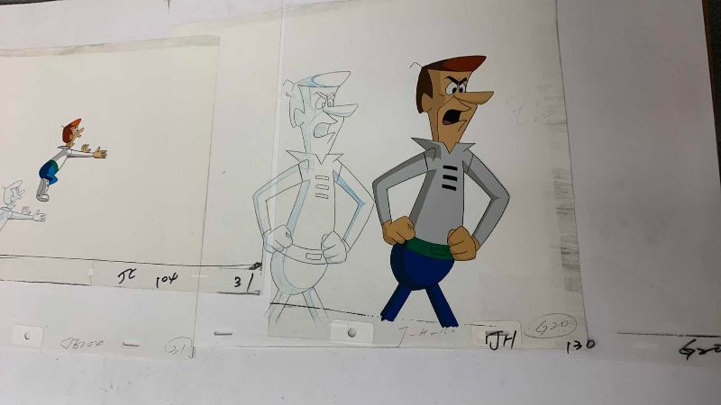 Photo 1 of 2-VINTAGE HANNA BARBERA HAND PAINTED ANIMATION CELS WITH GEORGE JETSON AND 8” X 10”