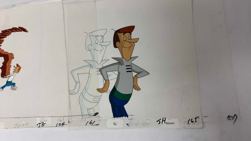 Photo 1 of 2-VINTAGE HANNA BARBERA HAND PAINTED ANIMATION CELS WITH GEORGE JETSON AND 8” X 10”