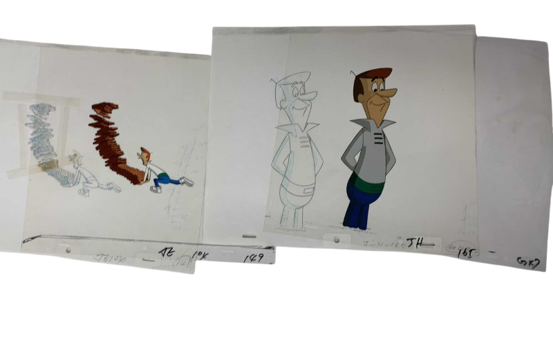 Photo 1 of 2-VINTAGE HANNA BARBERA HAND PAINTED ANIMATION CELS WITH GEORGE JETSON AND 8” X 10”