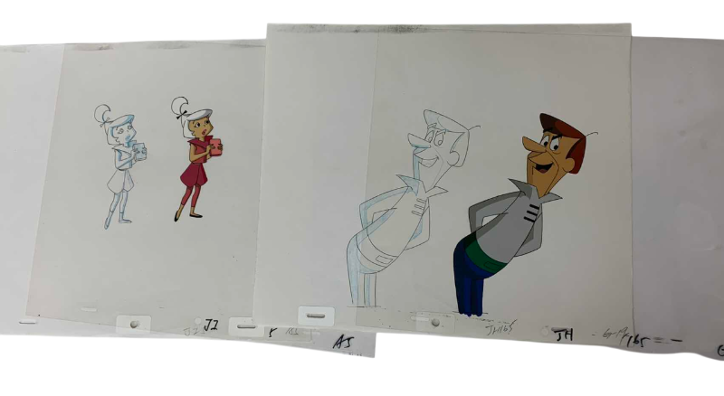 Photo 1 of 2-VINTAGE HANNA BARBERA HAND PAINTED ANIMATION CELS WITH GEORGE AND JUDY JETSON 8” X 10”