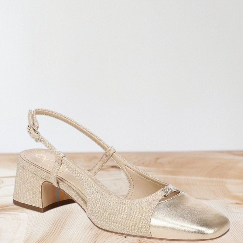 Photo 1 of SIZE 7-WOMEN-SAM EDELMAN TARRA 2 GOLD LINEN SLINGBACK SHOES.