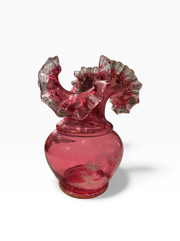 Photo 1 of 10” TALL PINK CRANBERRY WITH LITTLE GIRL AND DOVE ETCHED GLASS VASE