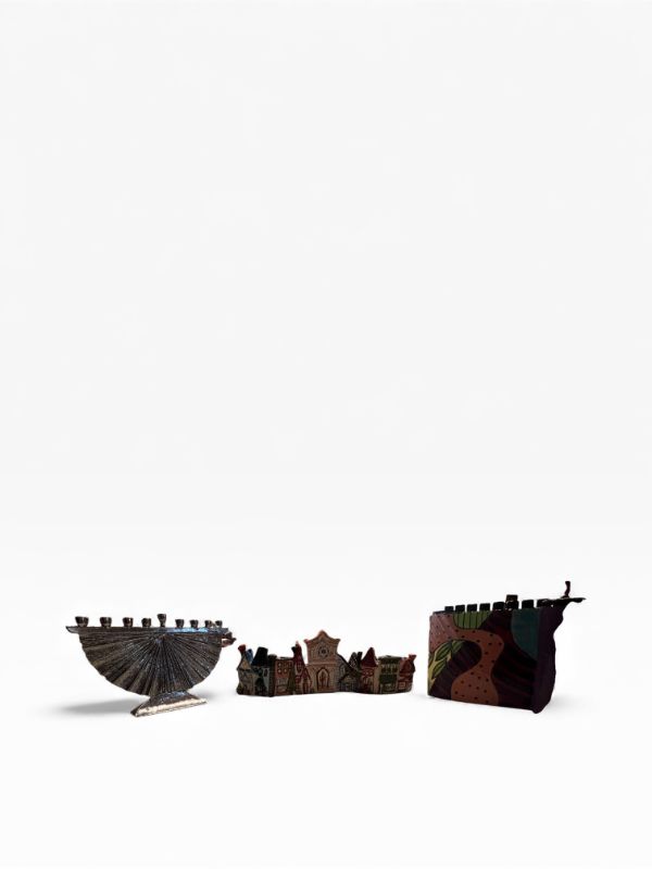 Photo 1 of 3 DIFFERENT MENORAHS OF DIFFERENT SIZES AND MATERIALS APPROXIMATELY 8”H