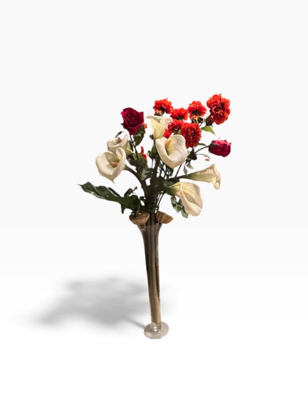 Photo 1 of GLASS VASE WITH PLASTIC FLOWERS 20” H BASE AND 44”H FLOWERS