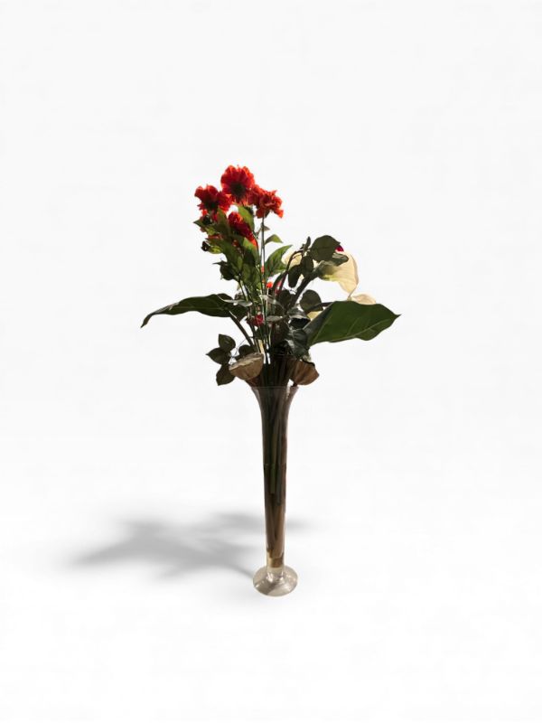 Photo 1 of GLASS VASE WITH PLASTIC FLOWERS 20” H BASE AND 44”H FLOWERS