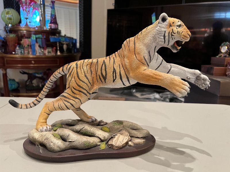 Photo 1 of CREART CAZADOR TIGER FIGURE ARTWORK ON DARK BROWN BASE 231/950 12”H X 12”W