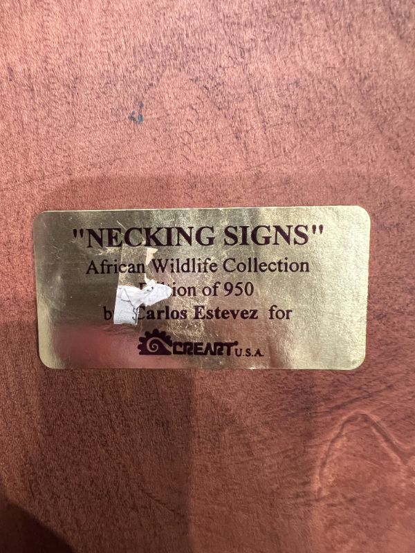 Photo 1 of CREART RESIN NECKING SIGNS GIRAFFES ON FIELD ON A BROWN WOOD BASE 91/950 15”H X 11”W