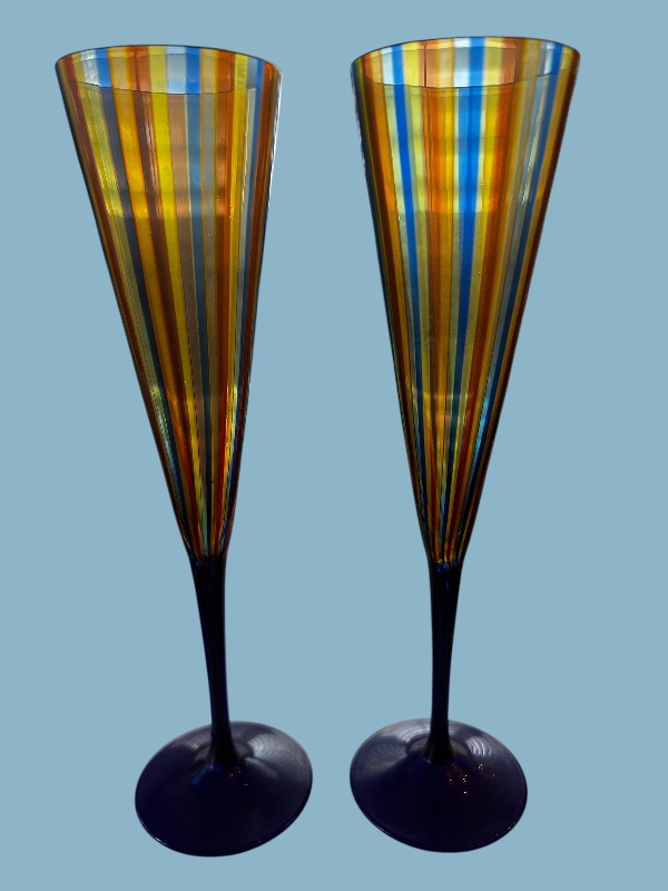 Photo 1 of 2- MURANO STRIPED W BLUE STEM FLUTES