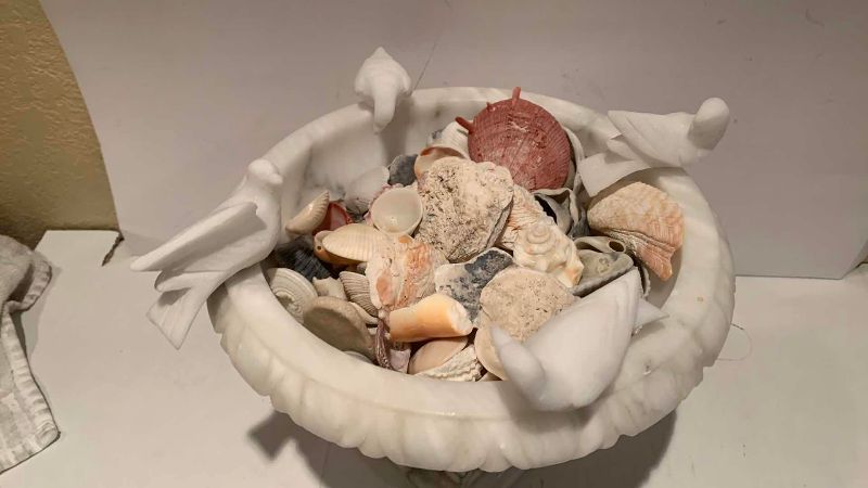 Photo 1 of ALABASTER BIRD BATH WITH SEAS SHELLS 9.5” X 8”