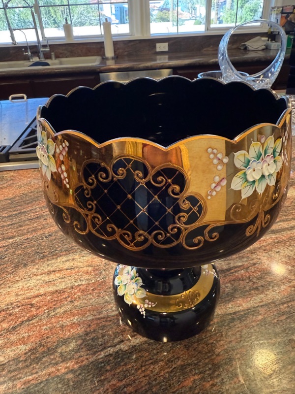 Photo 1 of COLLECTIBLESLAVIA BOHEMIAN CRYSTAL FOOTED COBALT BLUE W GOLD ACCENT BOWL/VASE D10 H8"