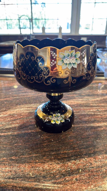 Photo 1 of COLLECTIBLESLAVIA BOHEMIAN CRYSTAL FOOTED COBALT BLUE W GOLD ACCENT BOWL/VASE D10 H8"