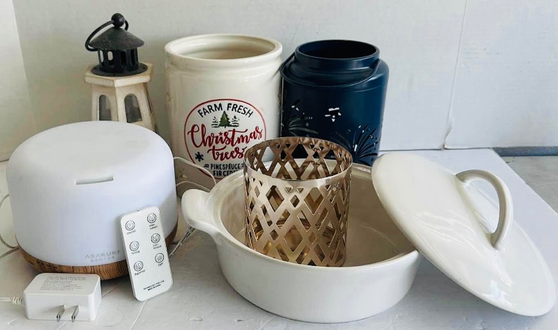 Photo 1 of ASAKUKI ESSENTIAL OIL DIFFUSER HUMIDIFIER W REMOTE, WHITE CERAMIC CASSEROLE DISH W LID, CANDLE HOLDERS/HOME DECOR