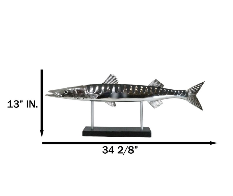 Photo 1 of MARINE FAUX TAXIDERMY SILVER TONE LARGE BARRACUDA FISH SCULPTURE ON POLE STAND L38"