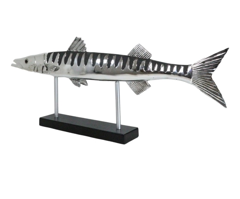 Photo 1 of MARINE FAUX TAXIDERMY SILVER TONE LARGE BARRACUDA FISH SCULPTURE ON POLE STAND L38"
