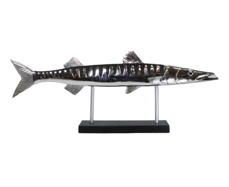 Photo 1 of MARINE FAUX TAXIDERMY SILVER TONE LARGE BARRACUDA FISH SCULPTURE ON POLE STAND L38"