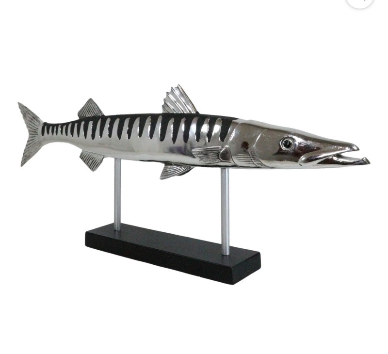 Photo 1 of MARINE FAUX TAXIDERMY SILVER TONE LARGE BARRACUDA FISH SCULPTURE ON POLE STAND L38"